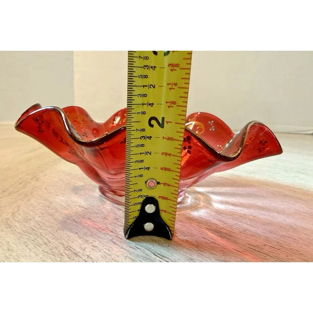 Vintage Murano Style Red Art Glass Bowl Hand Painted Gold Ruffled Rim Rare - Picture 11 of 11